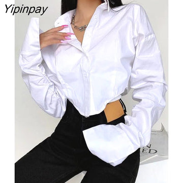 Yipinpay 2023 Spring Korean Style Long Sleeve White Shirt Women Sexy Button Ladies Crop Tops Blouse Street New In Female Clothing